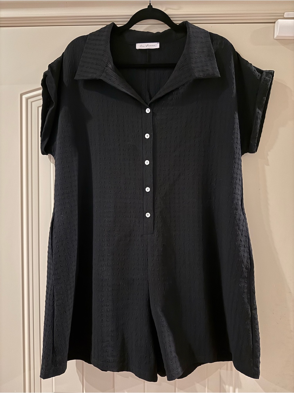 Black Short-Sleeve Button Front Women’s Romper